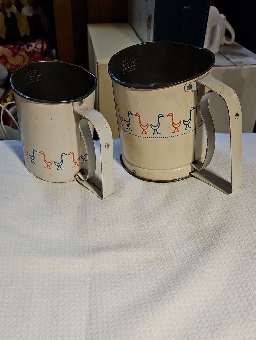 Vintage Androck Large & Small Flour Sifters with Blue & Red Bird Motif